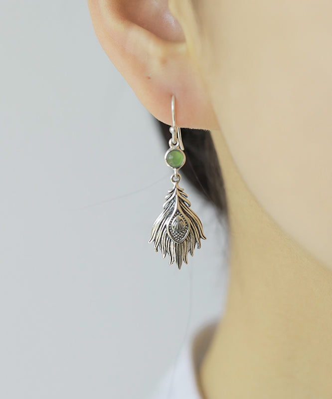 Sterling Silver Jade Feather Drop Earrings