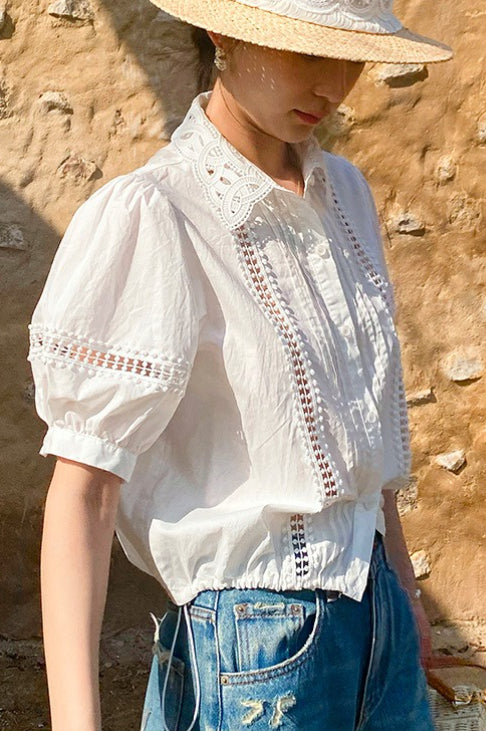 Stripe Lace Puff Sleeve Blouse