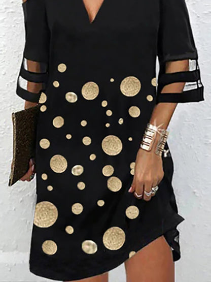 Half Sleeves Loose Hollow Mesh Polka-dot Split-joint Cold Shoulder Mini Dresses