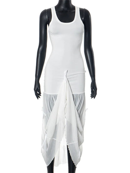 Tee Bow Mesh Patchwork Long Dress ’s Bandage See-through Beach Holiday Party Dress Slim Maxi Dress Summer New