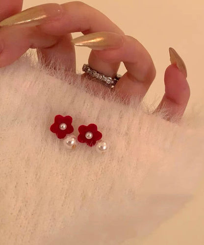 Art Red Silk Velvet Pearl Stud Earrings