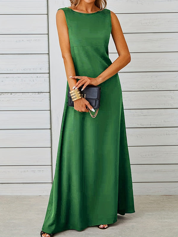 A-line Loose Color Round-neck Maxi Dresses