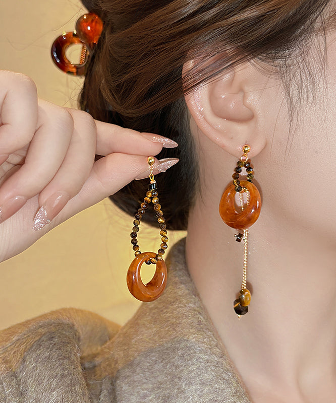 Coffee Sterling Silver Overgild Asymmetrical Beading Tassel Drop Earrings