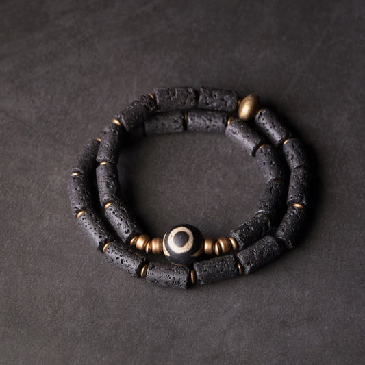 6mm Lava Rock Three-eyed Dzi Bead Brass Wrap Bracelet for Calm