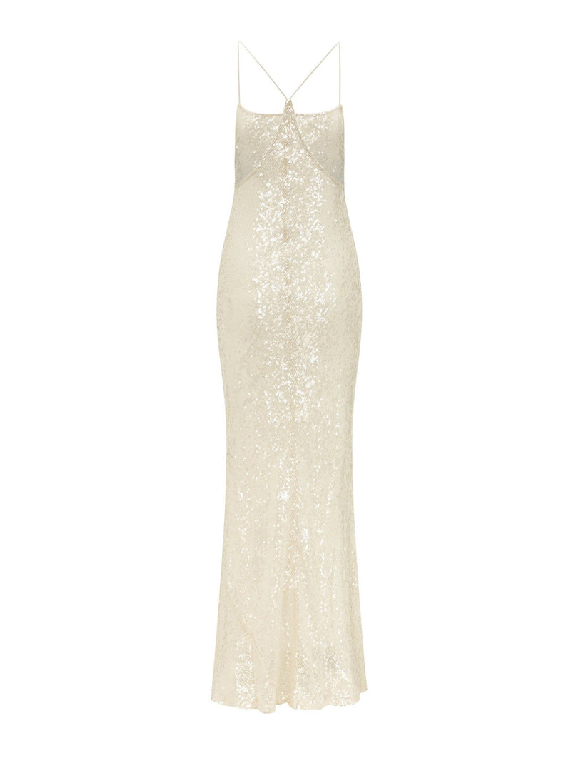Spaghetti Strap Backless Slip Glitter Maxi Dress