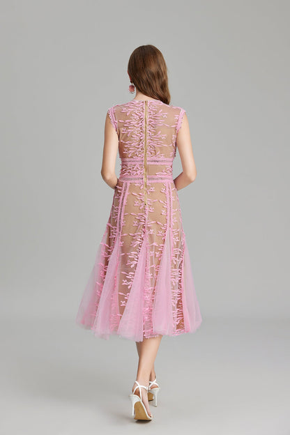 Maëlle Round Neck Mesh Embroidered Midi Dress in Beige
