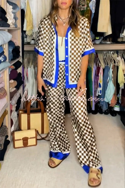Olivia Satin Checkerboard Colorblock Print Shirt and Elastic Waist Pocketed Loose Pants Set