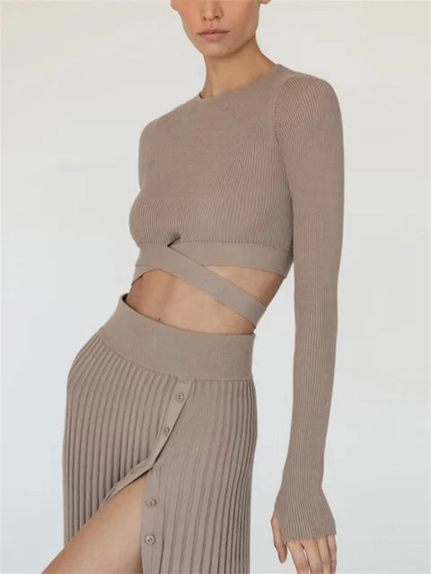 New White Knit Two Piece Sets Fall Ribbed Crop Top and Pleated Knitted Skirt Suits for Midi Dress Sets