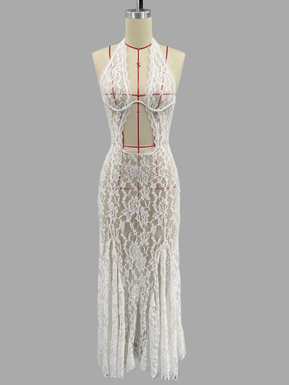 White Lace Printed Maxi Dress for Summer Backless See-through Patchwork Beach Dress Female Long Dress
