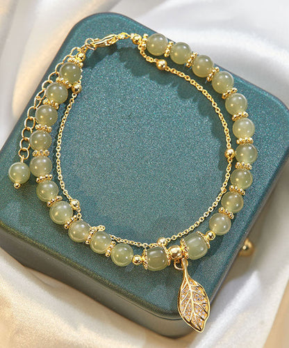 Green 18k Gold Inlaid Jade Zircon Leaf Charm Bracelet