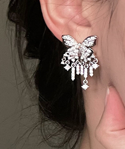 White Sterling Silver Alloy Zircon Butterfly Tassel Drop Earrings