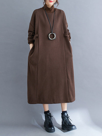 A-line Long Sleeves Color Mock Neck Midi Dresses