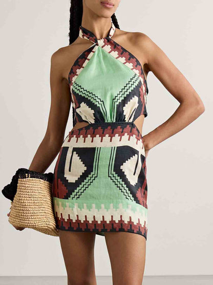 Unique Print Backless Mini Dress