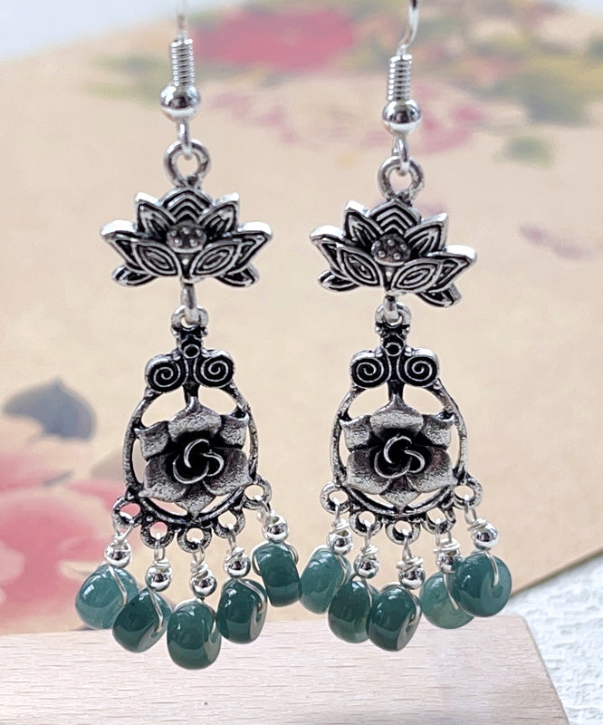 Jade Tassel Patchwork Silver Drop Earrings
