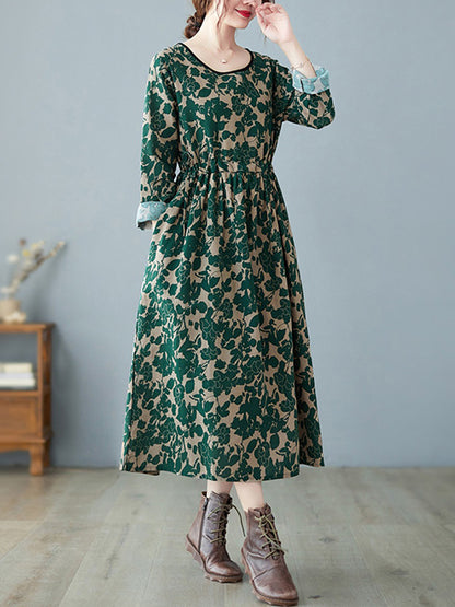Artistic Retro Ramie Cotton Printed Pleated Round-neck Long Sleeves Midi Dress
