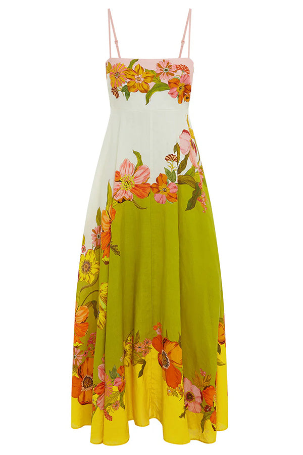 Malakai Linen Blend Contrast Print Back Smocked Pocket Maxi Dress
