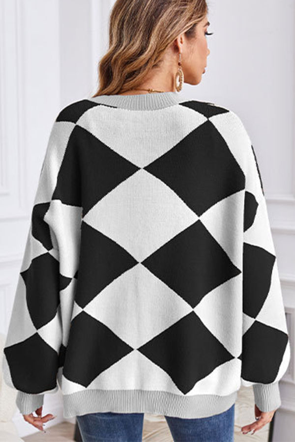 V-neck Geometric Patchwork Contrasting Knitted Cardigan Loose Jacket