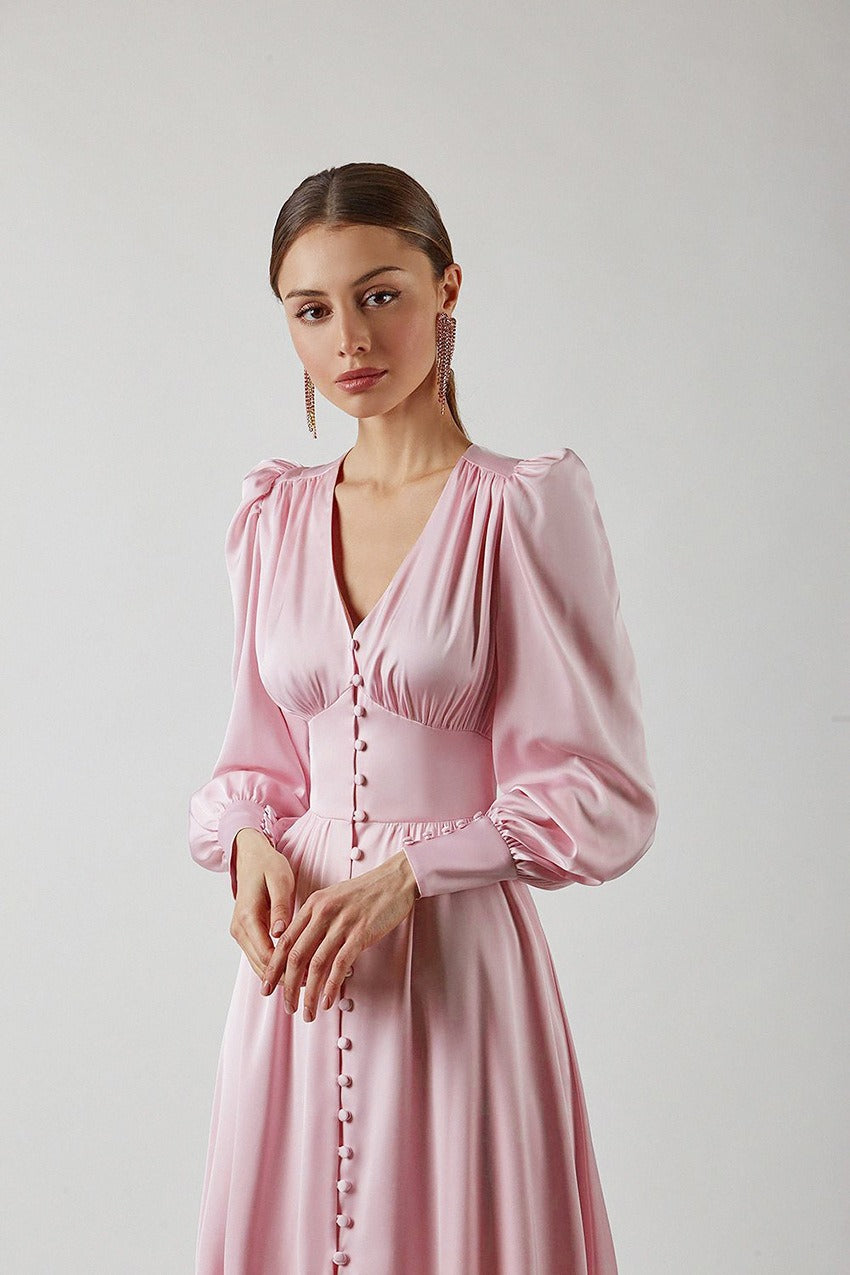 Satin Puff Sleeve Tailored Midi Dress
