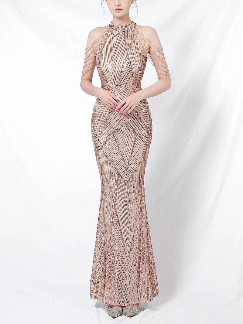Halter Neck Sequined Evening Dresses Crystal Tassel Hip Skirt Sleeveless Rhinestone Decoration Long Dress