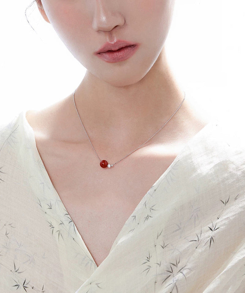 New Red Sphere Agate Carrying Pearl Copper Necklace