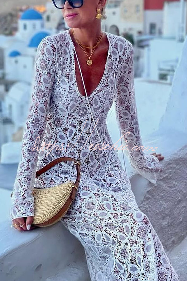 Santorini Sunset Lace Long Sleeve Slit Vacation Maxi Dress