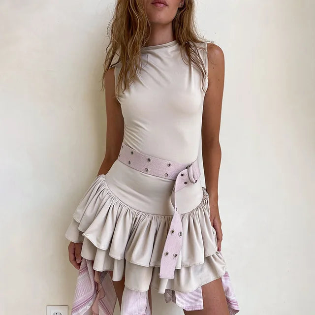 Ruffles Splice Vest Mini Dress for Sleeveless Slim Fit Color Hot Girl Club Party Dress Female