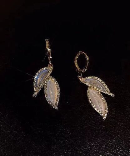 Diy Gold Copper Overgild Zircon Leaves Drop Earrings
