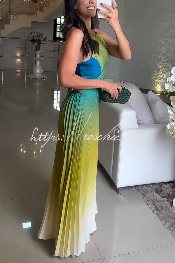 Fashionable Backless Tie Gradient Pleated Maxi Dress