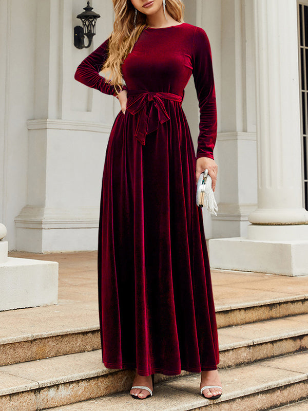 Long Sleeves Wrap Belted Pleated Color Zipper Round-neck Maxi Dresses