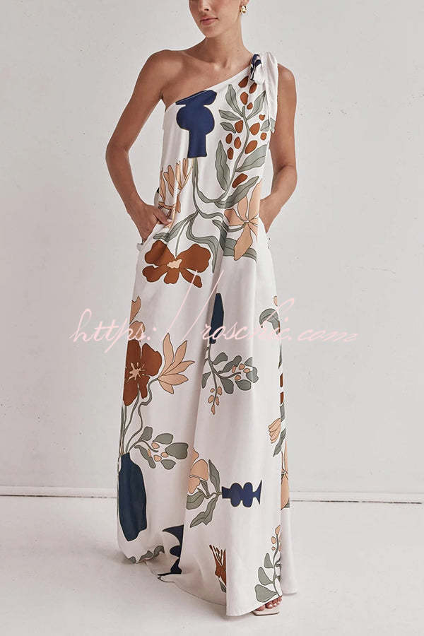 Matches the Vacation Unique Print One Shoulder Tie-up Pocketed Loose Maxi Dress