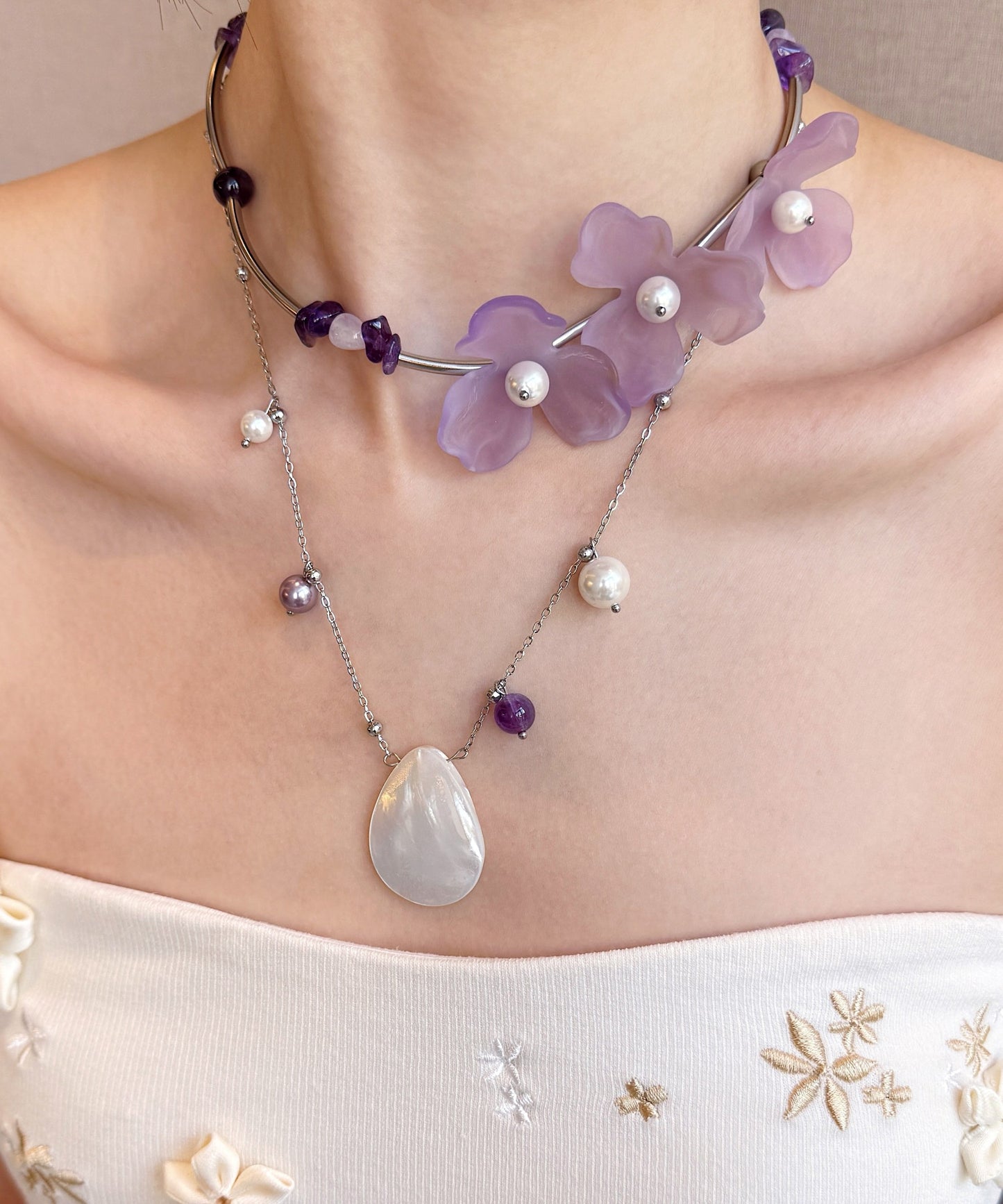 Purple Pearl Shell Alloy Two Piece Set Pendant Necklace