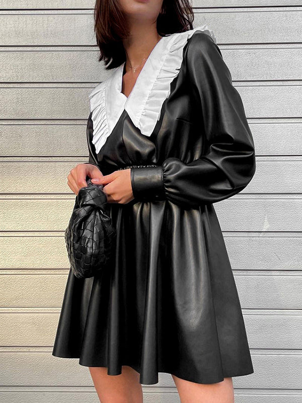 Loose Puff Sleeves Elasticity Pleated Split-joint Peter Pan Collar Mini Dresses