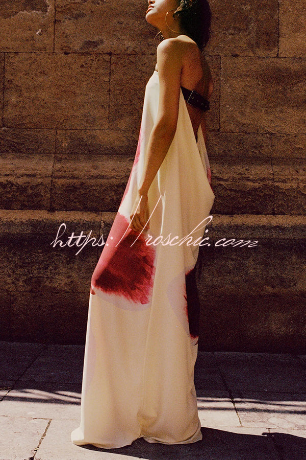 Print Strapless Backless Belt Maxi Dress