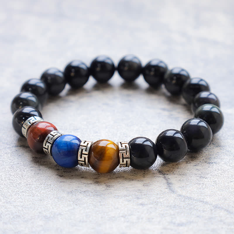 Buddha Stones Natural Black Obsidian Tricolor Tiger Eye Strength Bracelet