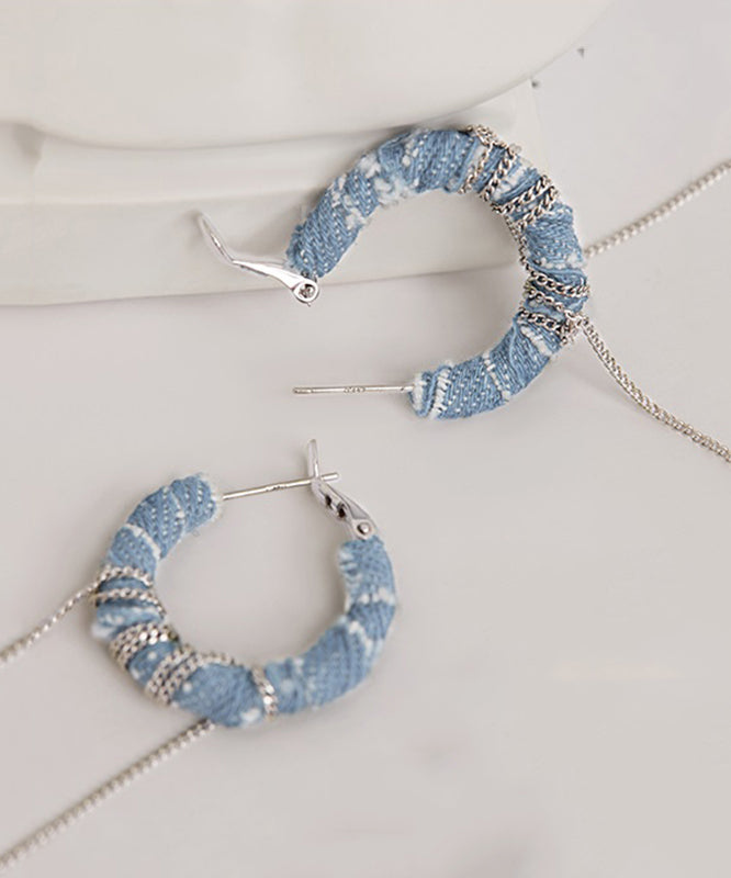 Denim Blue Sterling Silver Denim Chain Tassel Drop Earrings