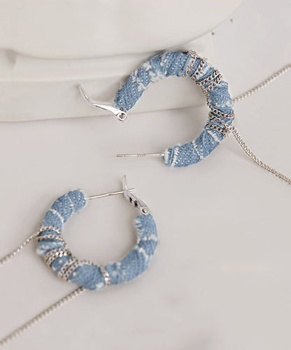 Denim Blue Sterling Silver Denim Chain Tassel Drop Earrings