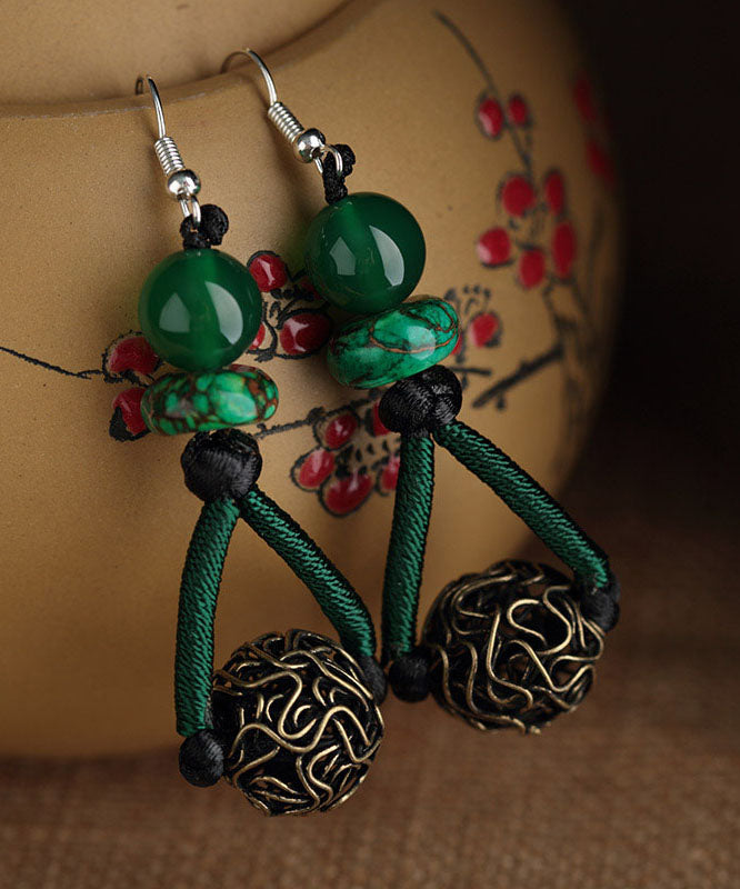 Blackish Green Sterling Silver Alloy Green Agate Emperor Stone Drop Earrings