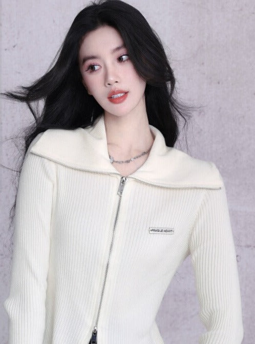 Ribbed Zip-front Cropped Cardigan - Fitted Long Sleeve Knit Top