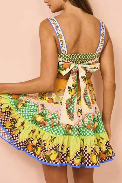 Summer Multicolorlemon Preated Hem Mini Dress