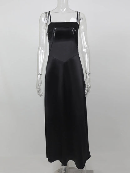 Lace-up Satin Maxi Slipdress Black Spaghetti Strap Sleeveless Backless Maxi Dress Femme Club Party Evening Dress