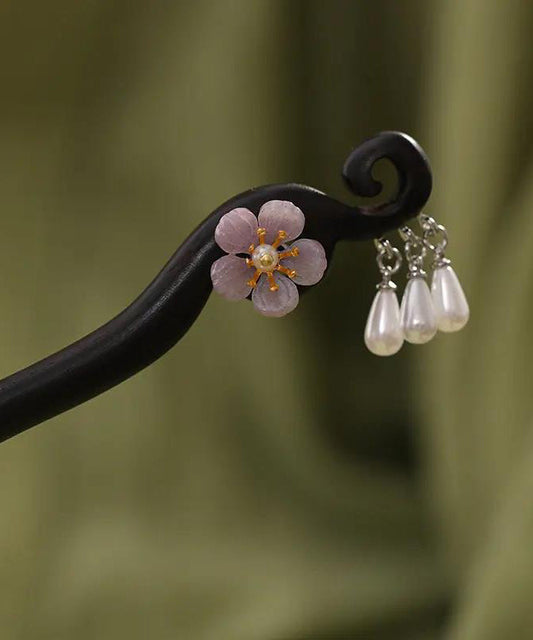 Chinese Style Purple Wooden Pearl Tassel Hairpin