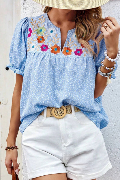 Sky Blue Embroidered Notched V Neck Puff Sleeve Blouse