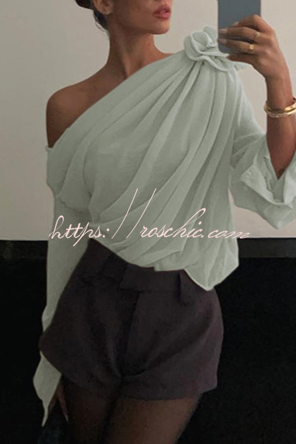 Three Dimensional Flower Tulle Off Shoulder Long Sleeved Blouse
