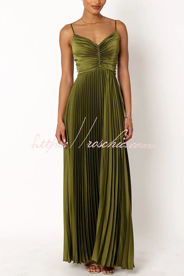 Catch the Light Satin Pleated V-neck Slip Maxi Dress