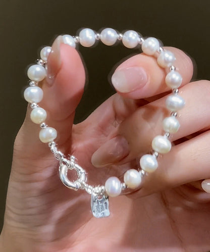 Vogue White Sterling Silver Pearl Beading Graphic Charm Bracelet