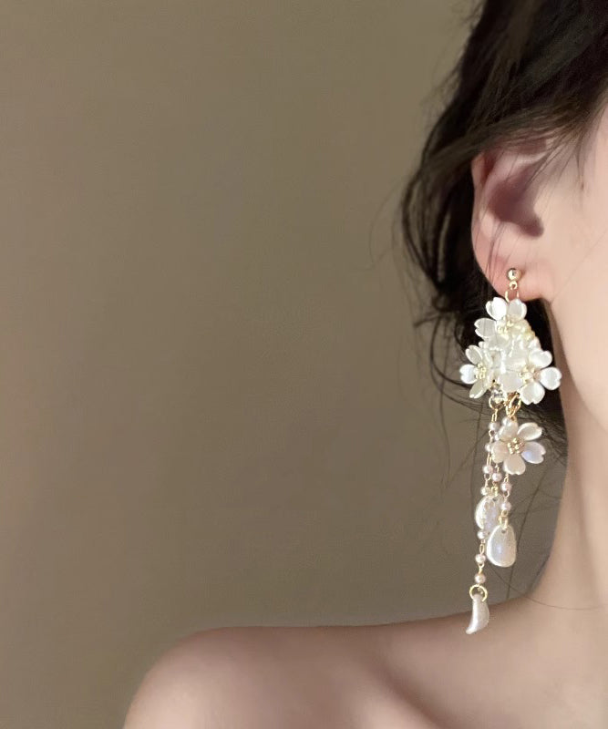 White Copper Overgild Pearl Tassel Drop Earrings