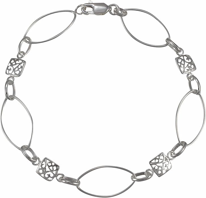 Light Marquise Oval Link Sterling Silver Bracelet With Filigree Squares - 7 1/2"
