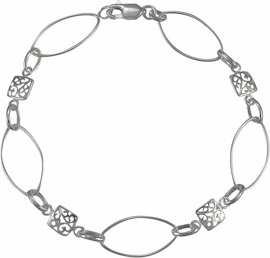 Light Marquise Oval Link Sterling Silver Bracelet With Filigree Squares - 7 1/2"