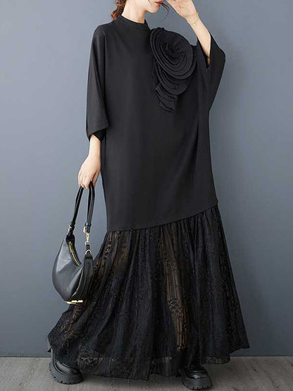 Long Sleeves Loose Color Split-joint Three-dimensional Flower Mock Neck Maxi Dresses