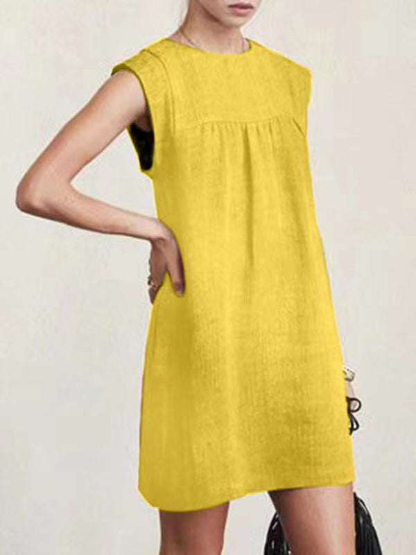 Cap Sleeve Loose Color Round-neck Mini Dresses